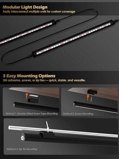 Smart Grow Light for Indoor Plants,3500K Full Spectrum LED Plant Light Strips with 3/9/12H Auto Timer,Stepless Dimming,Modular Design，Plug and Play (Black, 6 Pack 48W)