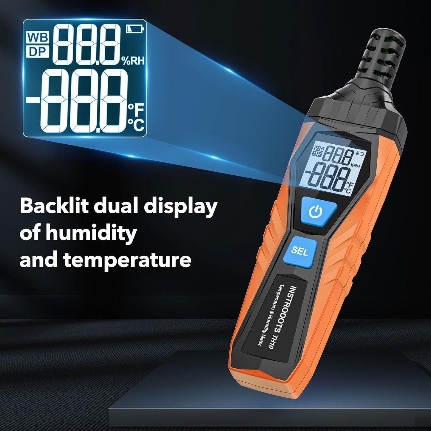 Temperature Humidity Meter, High Precision Thermometer Hygrometer with Ambient, Dew Point, Wet Bulb Thermometer, Dual Display Temperature & Humidity with LCD Backlight, TH10