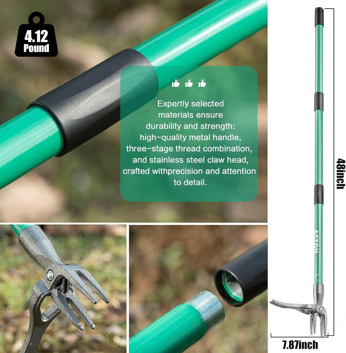 Weed Puller Tool Gardening Hand Weeding Tool with Long Handle 4 Steel Claws and Collapsible Trash Can for Lawn and Garden,Easily Remove Weeds Without Bending, Pulling,or Kneeling