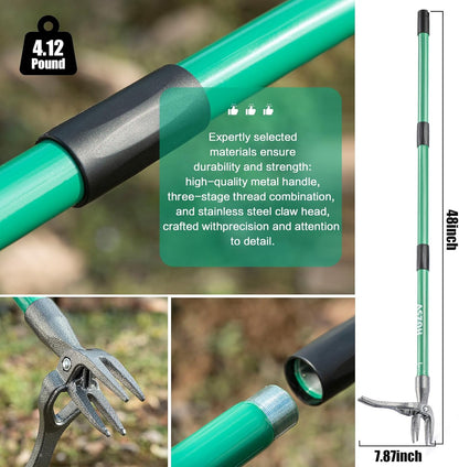 Weed Puller Tool Gardening Hand Weeding Tool with Long Handle 4 Steel Claws and Collapsible Trash Can for Lawn and Garden,Easily Remove Weeds Without Bending, Pulling,or Kneeling