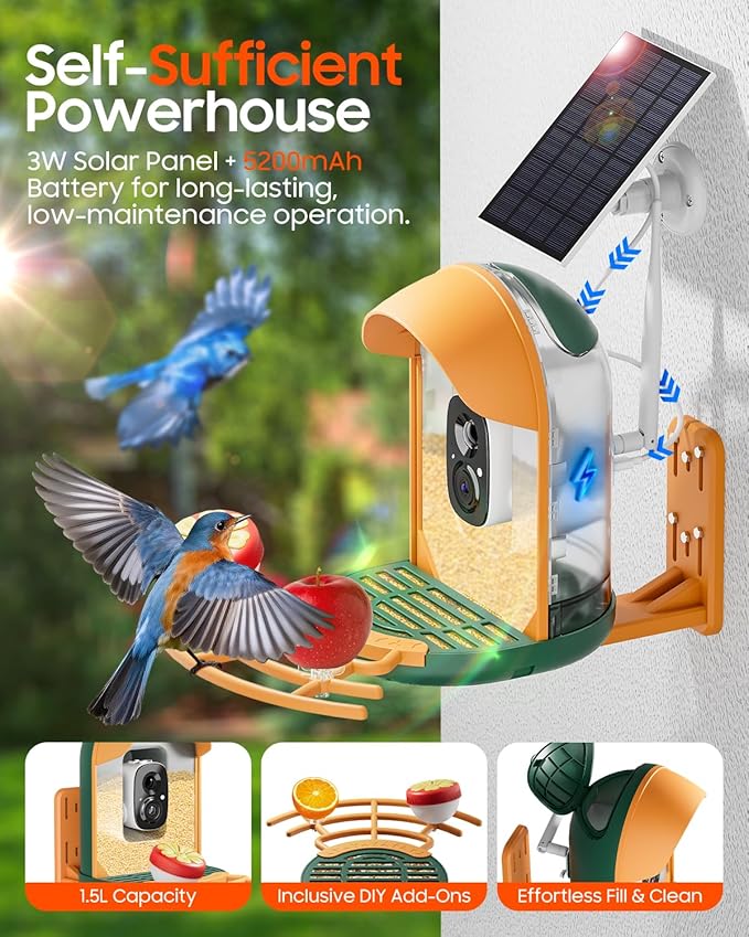 Camii Bird Feeder with Camera, Smart Birdfeeder with AI Identify Birds Species, 2K HD, Solar Powered, Night Vision, Real-Time Alert, IP66 Waterproof for Backyard Bird Watching Enthusiasts (Dark Green)