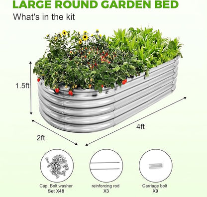 Land Guard 4×2×1.5ft Galvanized Raised Garden Bed Kit, Galvanized Planter Garden Boxes Outdoor, Oval Large Metal Raised Garden Bed for Vegetables……… (Classic Silver