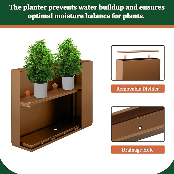 Large Rectangle Planter Metal Brown Planter Box with a Drainage Hole and a Removable Divider Indoor Outdoor Porch Pots for Tall Plants, Trees, Flowers 29.92" x 12.01" x 24.02" Brown