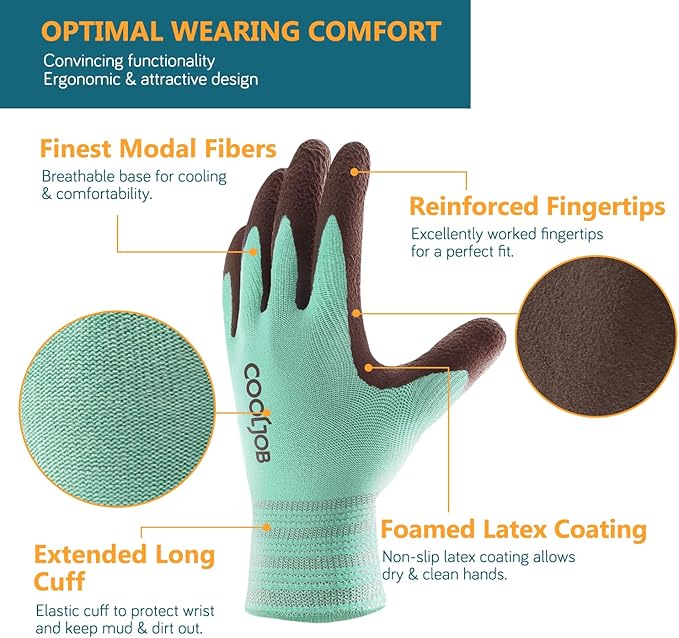 COOLJOB 2 Pairs Breathable Gardening Gloves for Women Small, Stretch Soft Modal Base with Non Slip Rubber Coating, Palm Dipped Grip Work for Gardener Worker in Lawn Yard Factory Garden