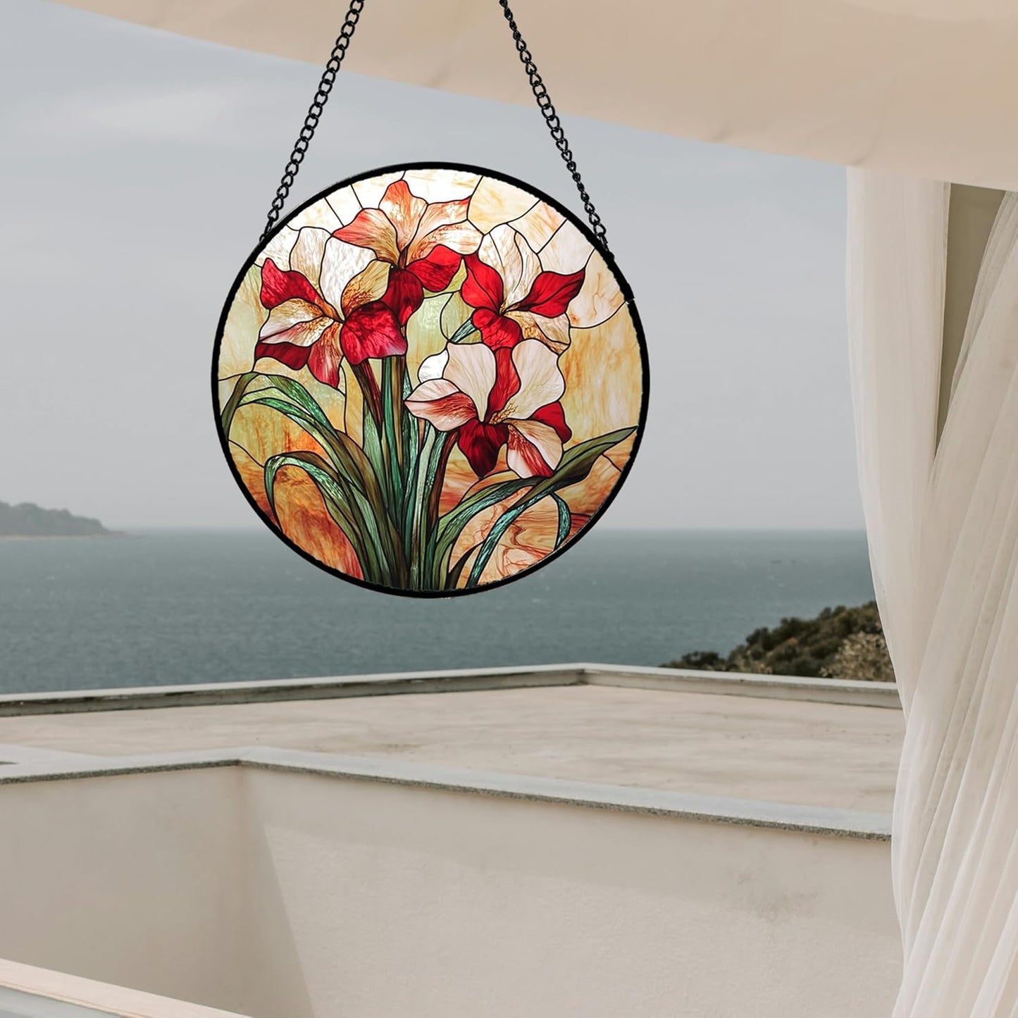 Stained Glass Window Hanging - Red Gladiolus Flower Suncatcher for Door Yard Sun Catchers Decor Christmas Mother's Day Birthday Gifts for Lovers Women Mom Nana Girlfriend Wife 15 in