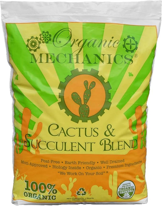 Organic Mechanics Cactus and Succulent Blend Potting Soil, 2 qt – Well-Drained Organic Mix – Enhances Plant and Root Growth with Biochar, Rice Hulls, and Worm Castings - Peat-Free & Eco-Friendly
