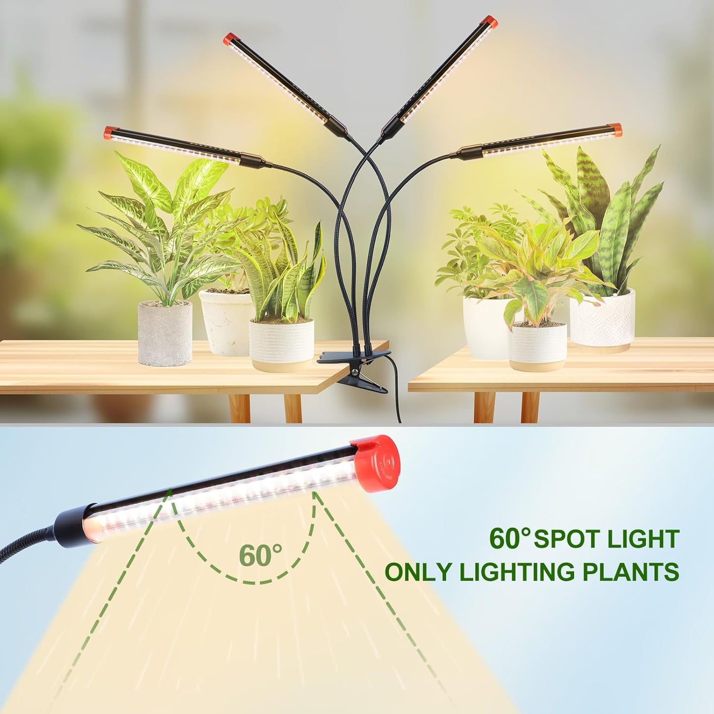 4-Head Strong Clip Grow Lights for Indoor Plants, Seed Starting, Bonsai, Succulent, Cactus with Timer, 36 Watt Power Home Plug, Enough High-Intensity Like Sun, Best Gift for Plants Lover