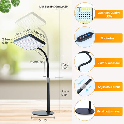 FECiDA Grow Lights for Indoor Plants Full Spectrum, Desk Grow Light, 4/8/12 Hr Timer Table Top Houseplants Grow Lamp, 208PCS LEDs, 2000 Lumen, Bright Enough, 16"-24" Height Adjustable