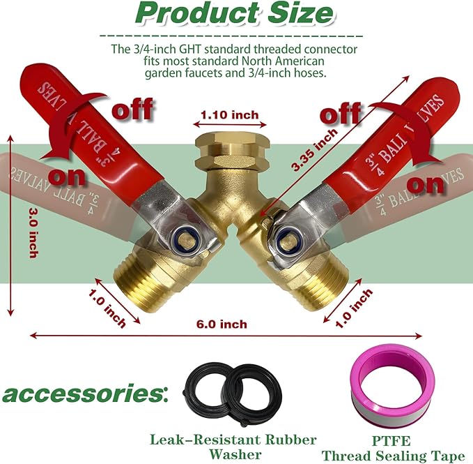 2 Way Garden Hose Splitter, Solid Brass High Flow Spigot Splitter with 3/4” GHT Thread, Individual Shut-Off Valves & Long Handle, Heavy Duty Hose Manifold for Outdoor Faucet