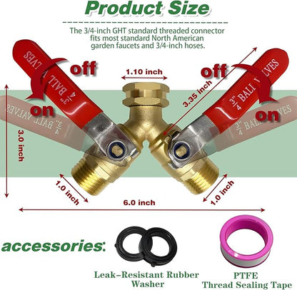 2 Way Garden Hose Splitter, Solid Brass High Flow Spigot Splitter with 3/4” GHT Thread, Individual Shut-Off Valves & Long Handle, Heavy Duty Hose Manifold for Outdoor Faucet