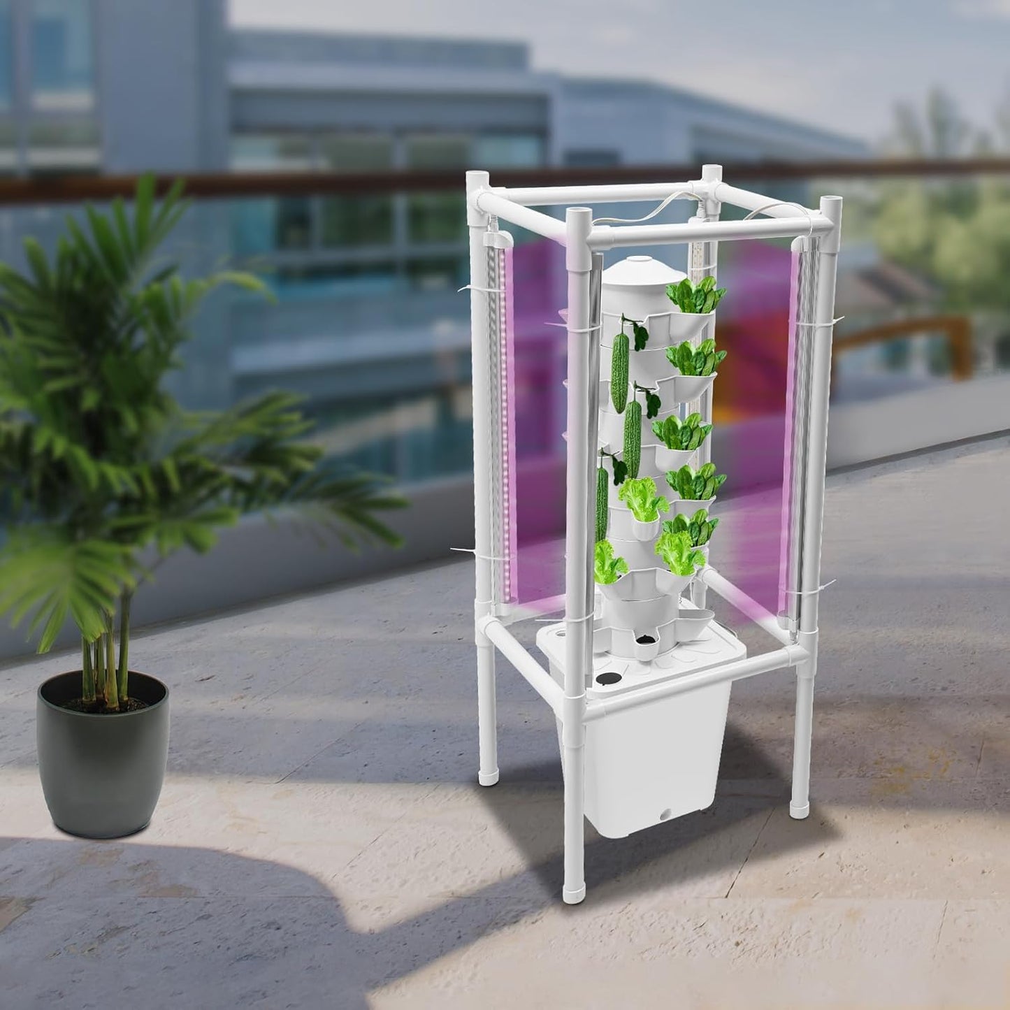 Hydroponic Tower Growing System Kits with LED Grow Lights 30 Pods Indoor Vertical Planter Germination Kit 6 Layers Hydroponic Tower for Fruits, Vegetables, Herbs, and Miniature Greens (White)