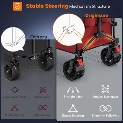 48" L Collapsible Wagon Cart Foldable, 560lbs Weight Capacity 300L Heavy Duty Folding Beach Wagons with Big All-Terrain Wheels, Utility Carts for Groceries, Shopping, Camping, Sports - Grey&Red