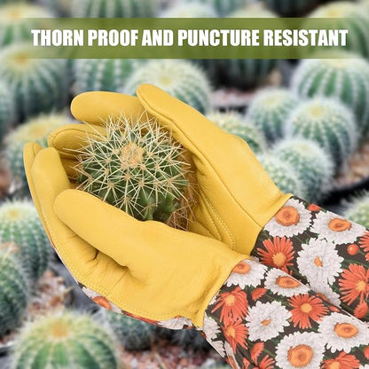 Long Gardening Gloves for Women Thorn Proof,Rose Pruning Cowhide Leather Garden Gloves for Cactus, Rose and Blackberry
