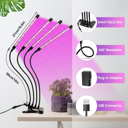 Wolezek Grow Lights for Indoor Plants, 80 LEDs 4 Heads Full Spectrum Red & Blue Plant Light with Clip, Grow Lamp with 6/12/16H Auto Timer, 3 Switch Modes for Seedlings and Succulents