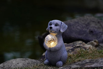 Dog Garden Statues - 8.4 Dog Decor with Gazing Ball LED Lights, Unique Gifts for Mom Grandma Birthdays, Outdoor Decor for Outside Lawn Porch Patio (Gray)