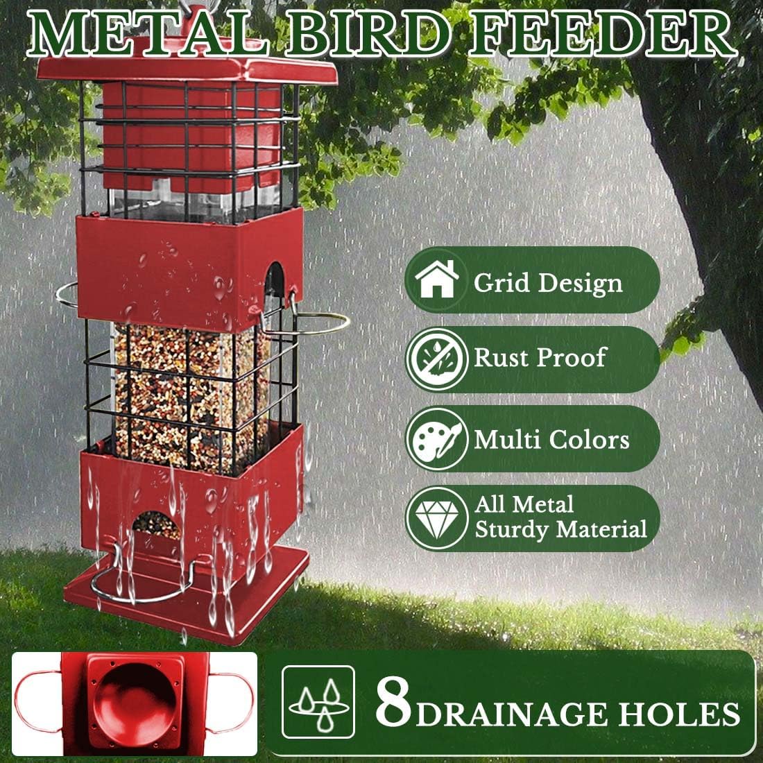 Squirrel Proof Bird Feeder, Metal Bird Feeders for Outdoors, 3 Lbs Birdfeeder Outside Hanging, Weight Activated Spring, 4 Feeding Ports, Cardinals, Finches and Sparrows, Wild Birds (Red)