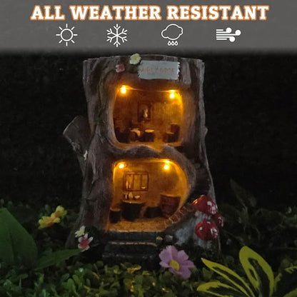 QWEWQE Tree House Solar Statue Outdoor Garden Statue with Solar Lights Fairy Tree House Indoor Outdoor Art Decoration Sculpture Lawn Ornaments for Patio Yard Outside Decorations