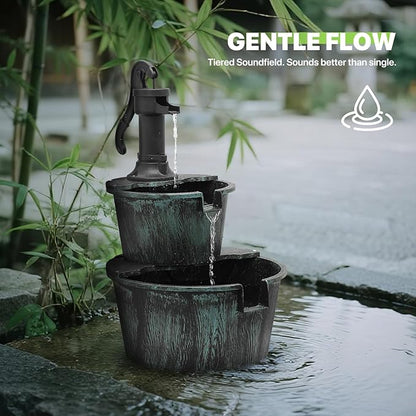 Magshion Barrel and Pump Water Fountain, Freestanding Cascading Waterfall Fountain with Electric Recirculating Pump, 2-Tier Water Feature Decor for Garden, Patio, Backyard, or Porch, Dark Green