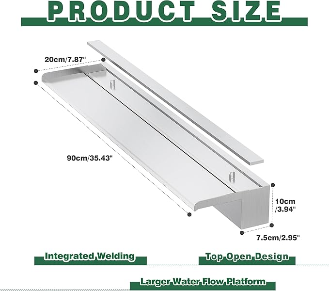 Waterfall Pool Fountain, LONGRUNNEW Stainless Steel Waterfall Spillway with Pipe Connector Kits for Outdoor/Indoor Decorative, 35.4 Inches Pool Water Feature for Garden Patio, Backyard Koi Pond Decor