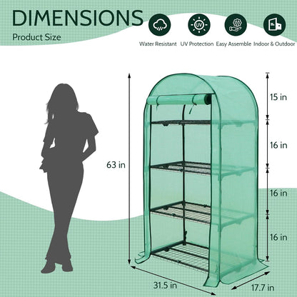 EAGLE PEAK 4-Tier Mini Greenhouse Portable Green House with Shelves & Weather-Resistant PE Cover, Small Greenhouse for Seedlings & Gardening Gifts, 32x18x63 in, Clear/Green