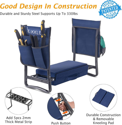 Patented Garden Kneeler and Seat Heavy Duty, Upgraded Garden Bench with Thicker Wider Soft Detachable Kneeling Pad, with 2 Tool Store Pouches, Nice for Mother Father Gardeners