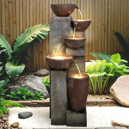 Naturefalls 39.7in.Modern Outdoor Fountain -5-Tier Resin Water Feature, Indoor Outdoor Garden Waterfall Fountain with Contemporary Design&LED Lights for Patio, Yard, Deck, House, Office, Home Decor