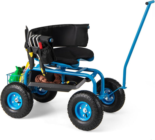 Goplus Rolling Garden Seat with Wheels, Outdoor Garden Cart with 360° Swivel Seat & Tool Storage, 2 Steering Handles, Gardening Stool Wagon Scooter, Lawn, Patio Gardening Workseat for Seniors
