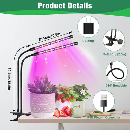Garpsen Grow Lights for Indoor Plants, 2PCS 2 Heads Full Spectrum Led Grow Lights for Seed Starting, 80 LEDs Plant Grow Light, with Auto ON/Off 6/12/16H Timer, 5 Dimmable Levels (460nm/660nm/3000K)