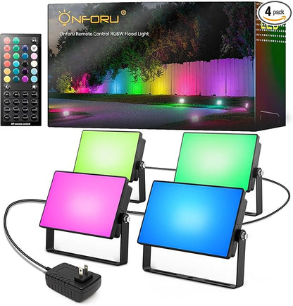 Onforu RGBW Flood Lights Outdoor Remote Control, Color Changing LED Landscape Lights, IP65 Waterproof Uplights for Events, Uplighting for Halloween Christmas Garden Yard Party, Wired 4 Pack 40W