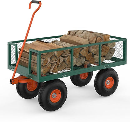 Versatile Garden Cart for Lawn and Yard with Heavy Duty Steel, 900 Lbs Capacity Mesh Steel Garden Cart Folding Utility Wagon with Removable Side Panels, Long Handle, 10" Tires - Green and Orange