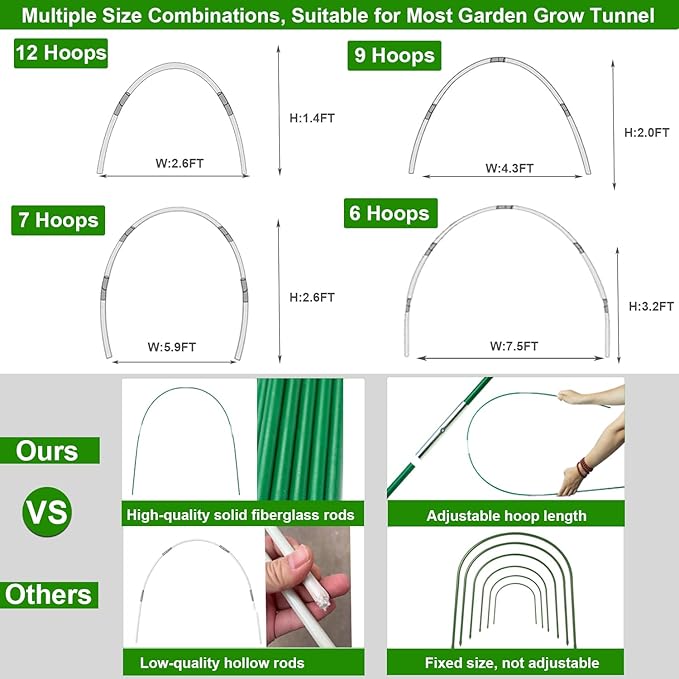 Plant Covers Freeze Protection Kit, 10 x 30Ft Frost Cloth and 6Pcs Fiberglass Garden Hoops 1oz/yd² Floating Row Cover with Greenhouse Hoops Frost Blanket for Winter Garden Covers for Raised Beds