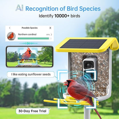 SMONET Bird Feeder with Camera B300-YE: Smart Birdhouse Camera AI Recognition Solar Powered,Outdoor Wireless WiFi Bird Feeder Watching Live Video,Funny Birthday Gifts for Mom Mother and Dad Father