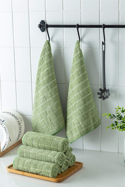 Microfiber Dish Towels - Soft, Super Absorbent and Lint Free Kitchen Towels - 8 Pack (Lattice Designed Olive Colors) - 26 x 18 Inch (Olive Green)