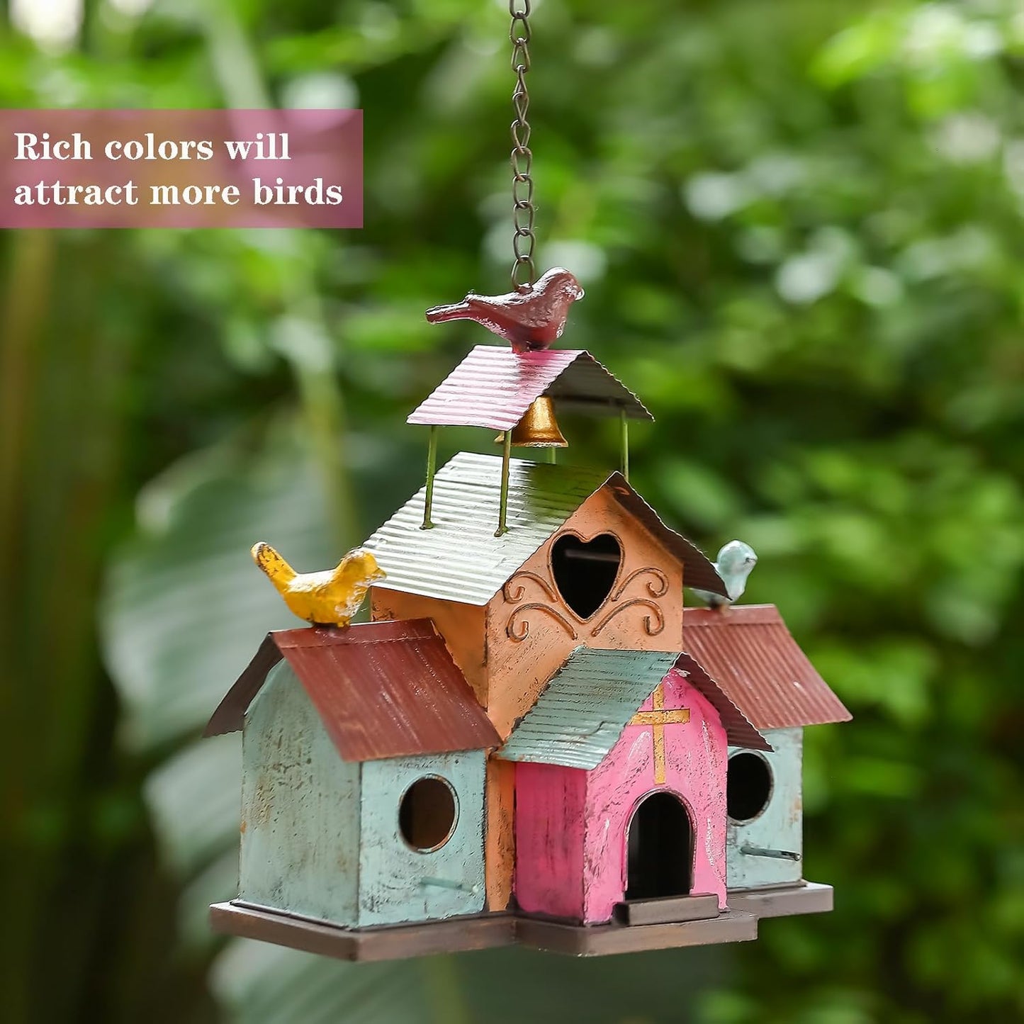 Large Bird Houses for Outside Hanging, 4 Hole Outdoor Bird House with Bell, Easy Clear, Colorful Metal Bird Houses for Outside.