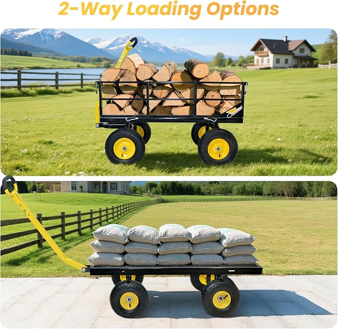 1200 lbs Steel Garden Cart, Heavy Duty Yard Utility Wagon with 10" Pneumatic Tires, Removable Mesh Sides and 180° Rotating Anti-Slip 2-in-1 Convertible Handle