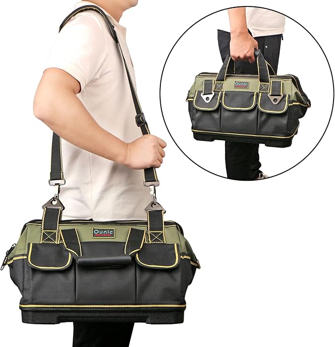 Tool Bag, Ounic 17 Inch Large Tool Bag Heavy Duty With Wide Mouth and Waterproof Strong Molded Base, Heavy Duty Tool Bags Organizer with Adjustable Shoulder Strap Specially Designed for Various Tools
