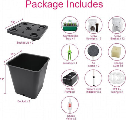 DWC 2 Hydroponic Buckets Kit for Plants, Hydroponics Growing System for Herbs/Tomato/Vegetables, DWC System with Air Pump & Germination Tray (Complete Indoor Hydroponic Gardening Supplies) (Black)