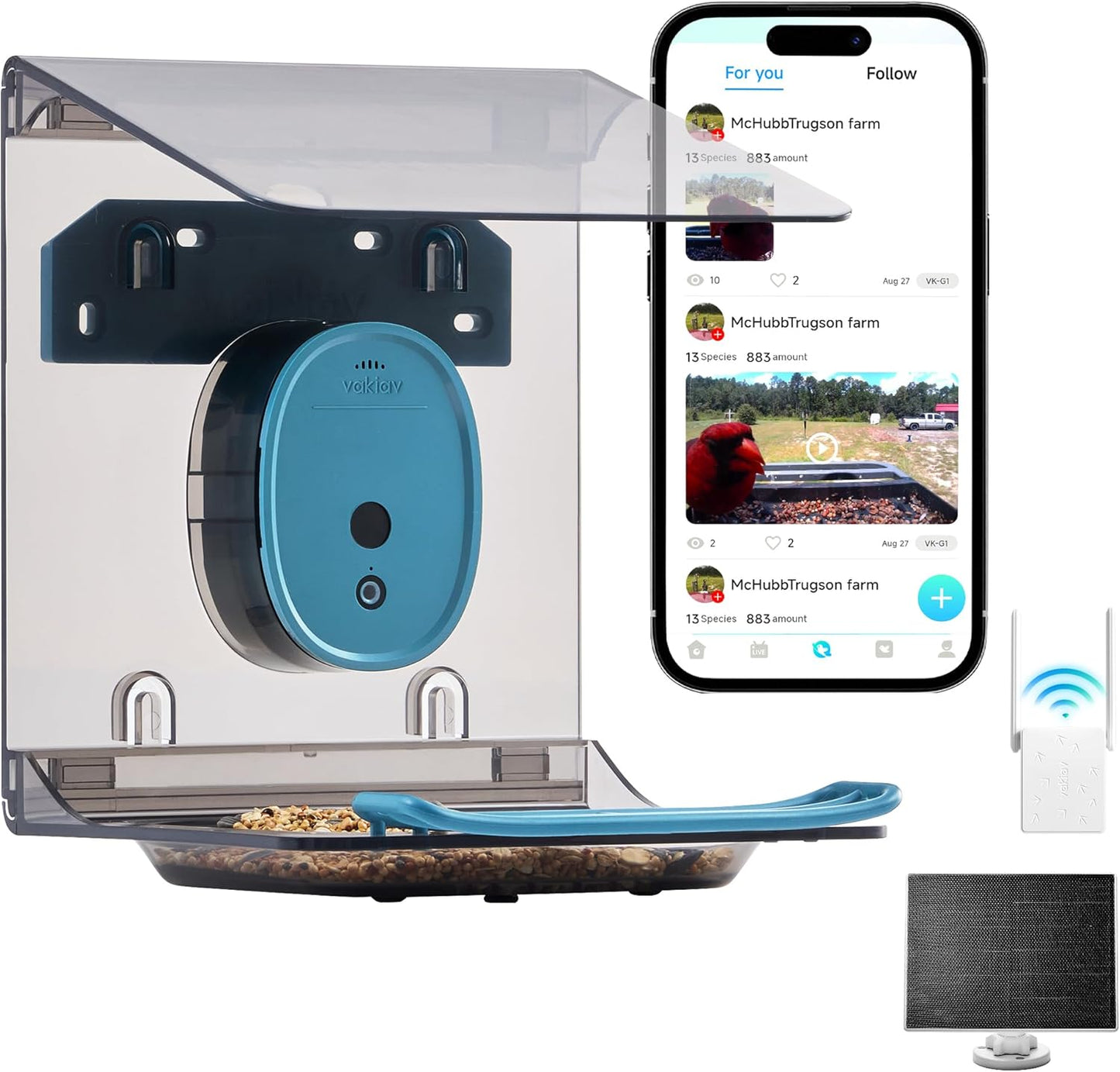 Smart Bird Feeder with Camera Solar Powered,2K HD Video Live Stream,AI Identify Birds Species,Link via Signal Transmitter,5MP Photos,Instant Arrival Alerts,Motion Detect,Elderly-Friendly,Blue