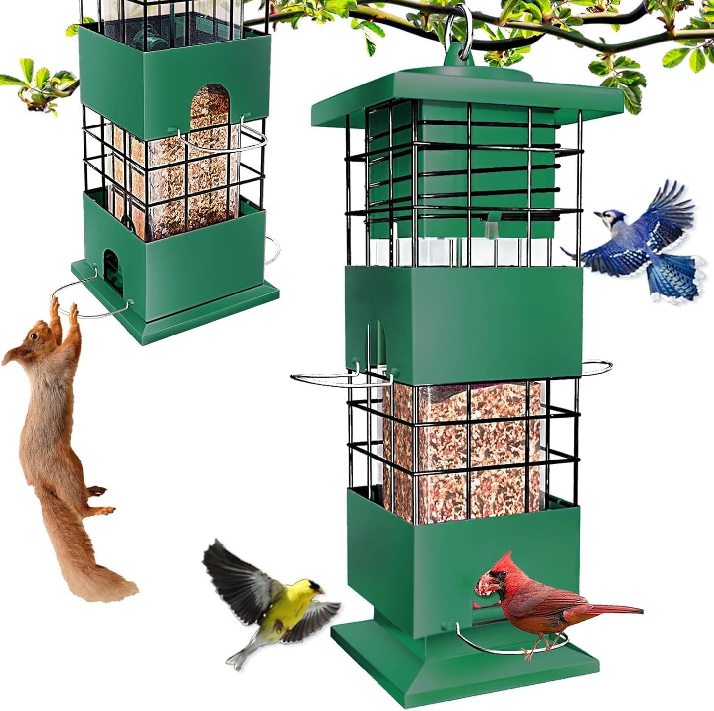Squirrel Proof Bird Feeder, 3LBS Large Capacity Hanging Bird Feeders with Weight-Activated Perches for Outdoors, Metal Anti-Squirrel Wild Birdfeeder for Blue Jay, Cardinal, Outside (Green)