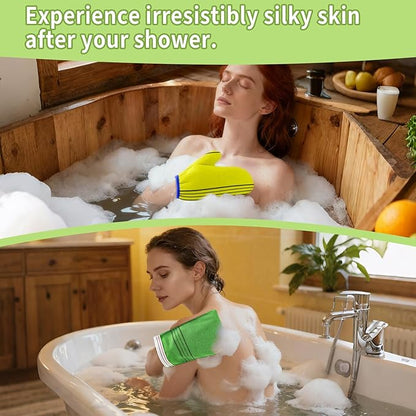 Korean Exfoliating Mitt & Glove Set, 4-Pack Exfoliating Bath Towels and 2-Pack Bath Gloves in Green & Yellow for Deep Dead Skin Removal, Smooth Skin and Spa-Like Experience,