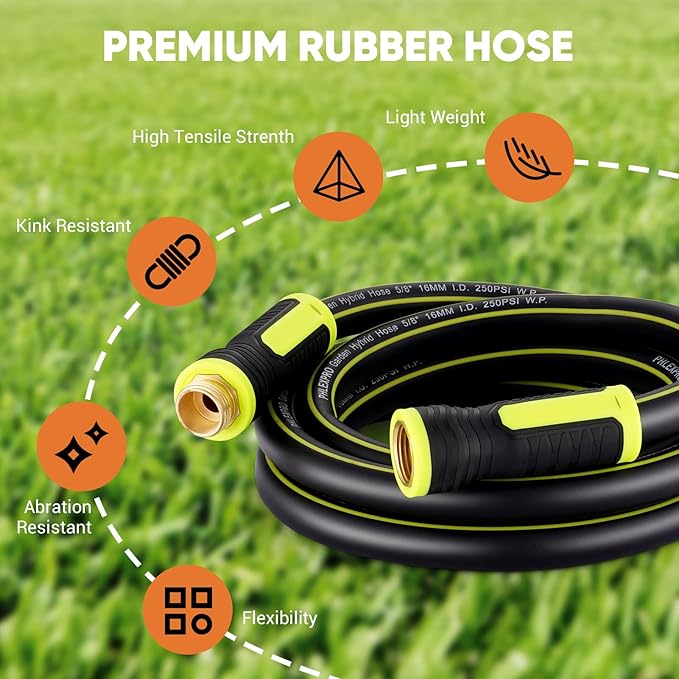 Garden Hose Set 200FT - PHLEX PRO Heavy-Duty Premium 5/8'' Rubber 3-Layer Water Hose - Innovation Flexible Hybrid Lightweight Water Hose with 10 Pattern Spray Nozzle, Full Brass Male to Female Fitting