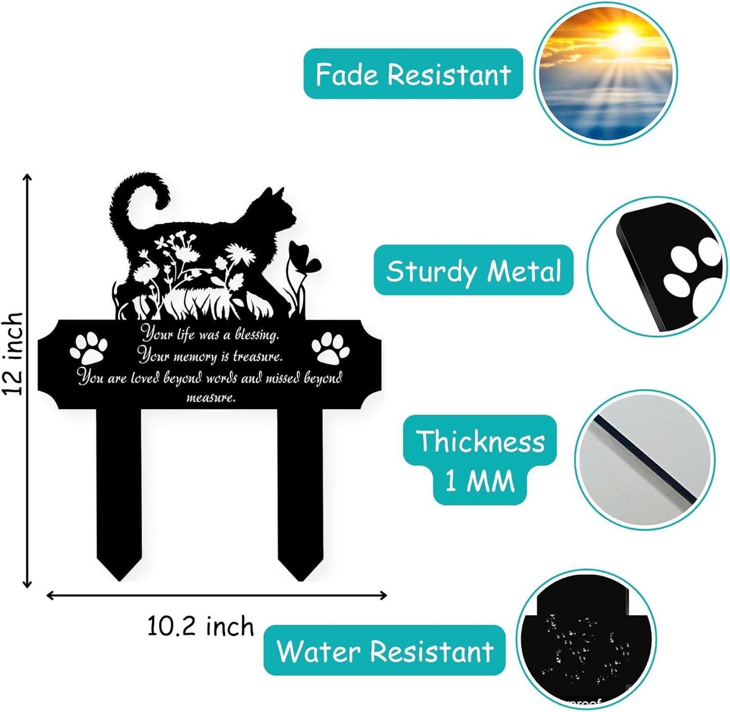 Cat Grave Marker Outdoor Memorial – 12in Metal Pet Memorial Plaque with Garden Cat Silhouette, Weatherproof Headstone for Yard or Indoor Tribute, Sympathy Gift for Loss of Cat