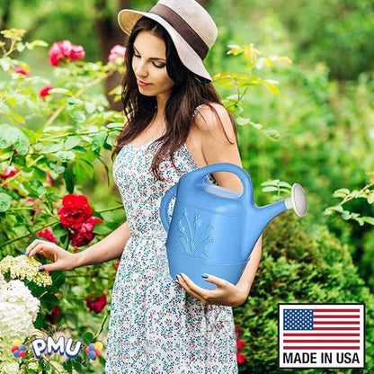 PMU 2 Gallon Watering Can - Garden Watering Can for Indoor & Outdoor Plants - Plastic Water Can with Detachable Sprinkler Head - Large Water Pot, Made in USA - Blue Pkg/6