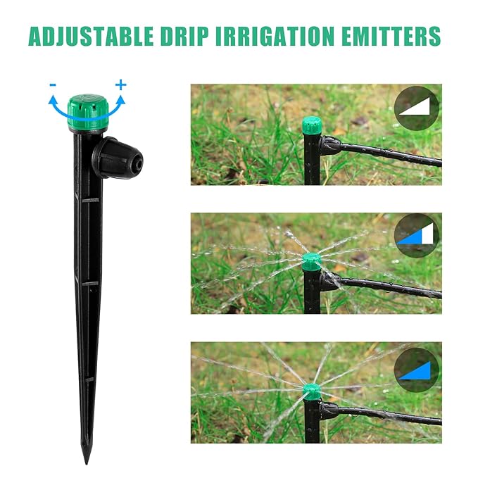 50pcs Drip Irrigation Emitters for 1/4" Drip Irrigation Tubing Adjustable 360 Degree Water Flow Drippers on 6.5" Sturdy Stake with Lock Barbed Irrigation Drippers for Watering System