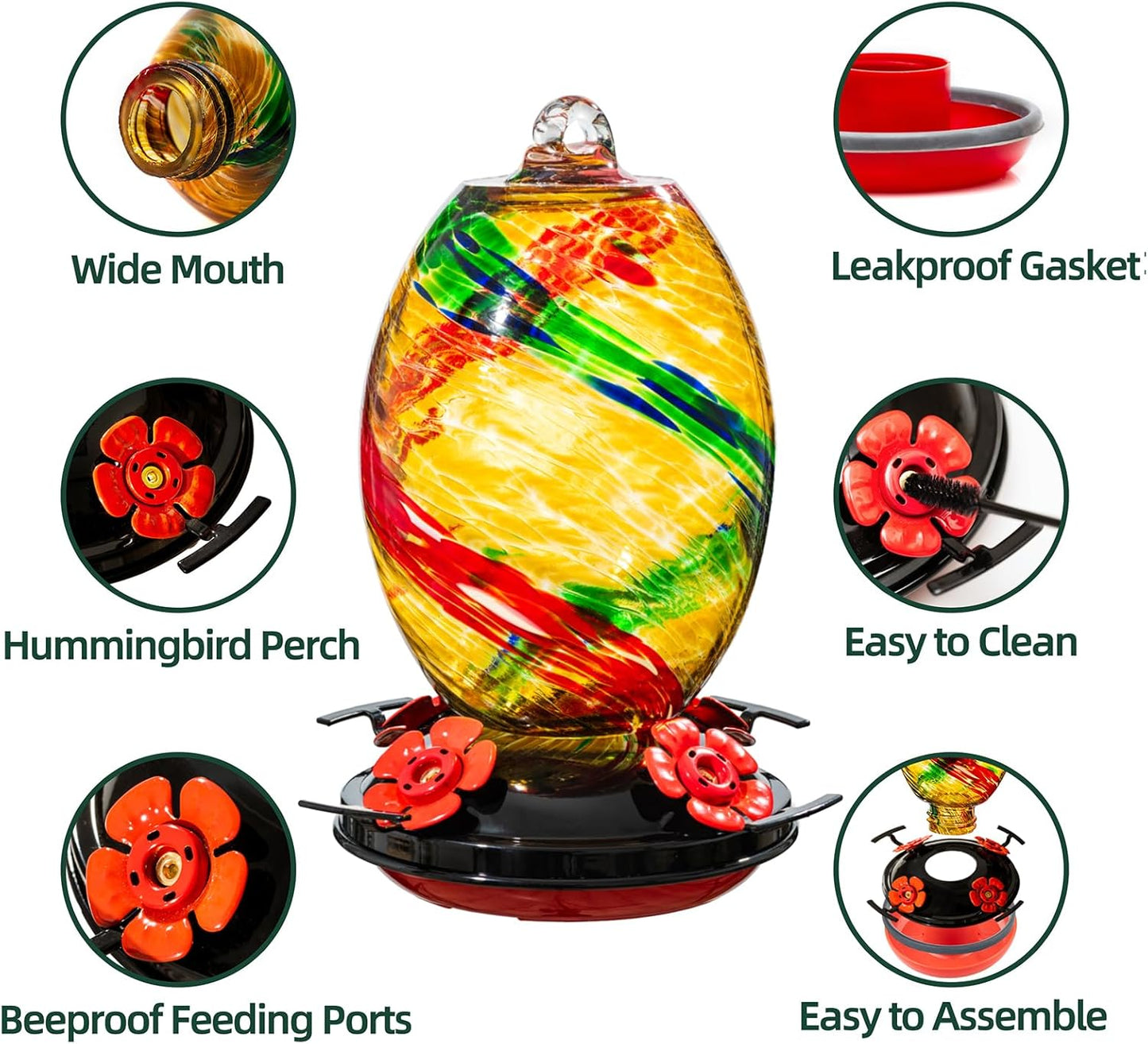 Muse Garden Hummingbird Feeders for Outdoors Hanging, Blown Glass Feeder - Gifts for Mom, Garden Backyard Decor, Unique Idea Women Mothers Day, 27OZ, Ribbon