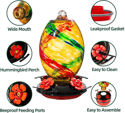 Muse Garden Hummingbird Feeders for Outdoors Hanging, Blown Glass Feeder - Gifts for Mom, Garden Backyard Decor, Unique Idea Women Mothers Day, 27OZ, Ribbon