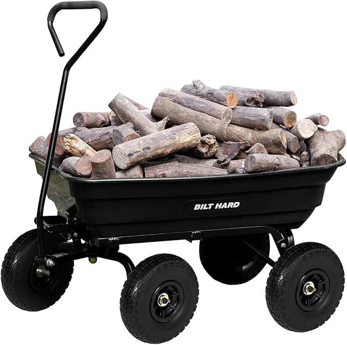 BILT HARD 4 Cu.Ft. 10" No-Flat Tires Poly Yard Dump Cart with 180° Rotating Handle, 600 lbs Capacity Heavy Duty Garden Carts and Wagons