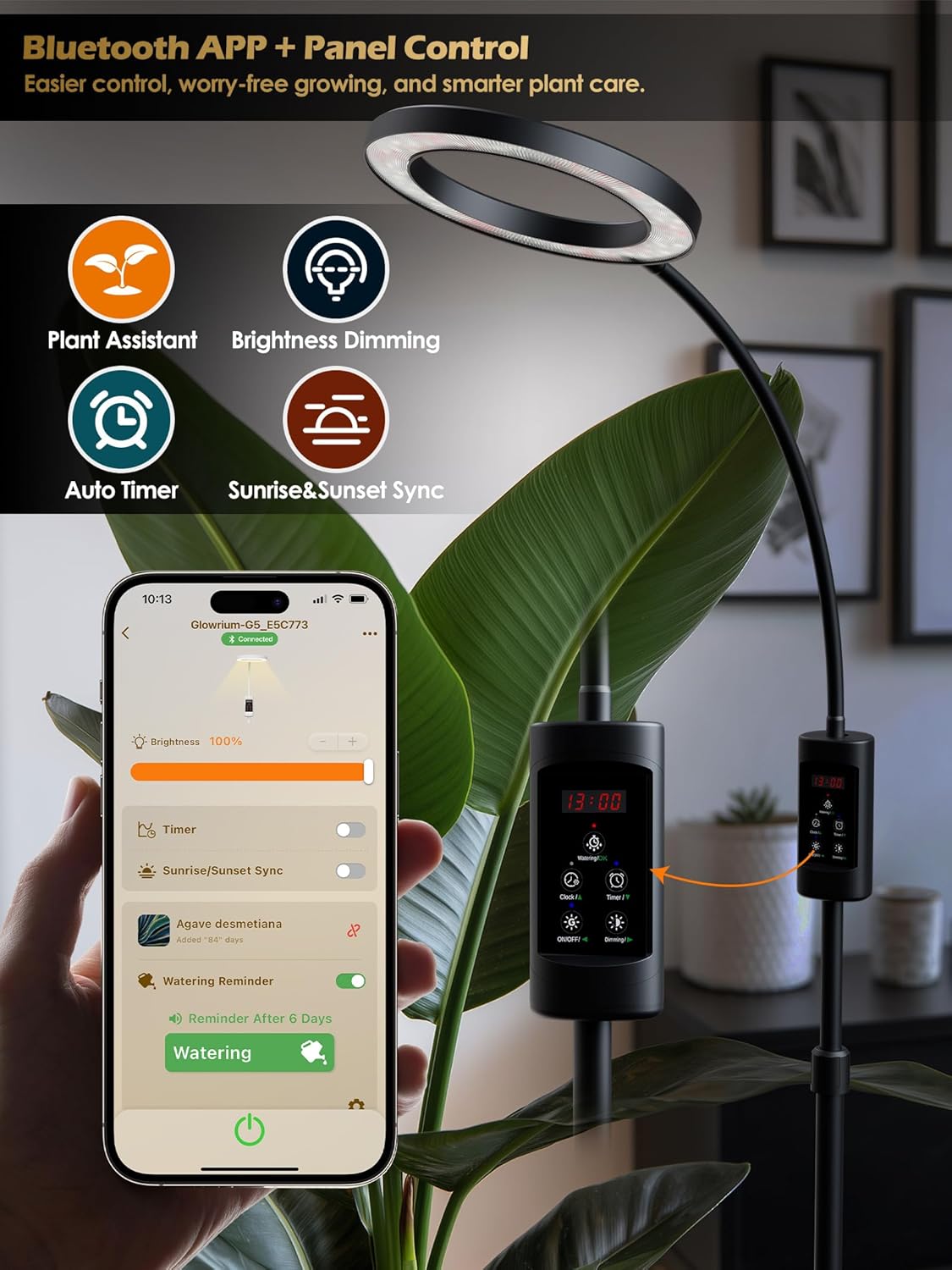 Smart Grow Lights for Indoor Plants,24W Plant Light with Auto-Timer,Full Spectrum LED Grow Light, Adjustable Height & Stepless Dimming,Plant Assistant Suitable for Most Plants (Black, 24W)