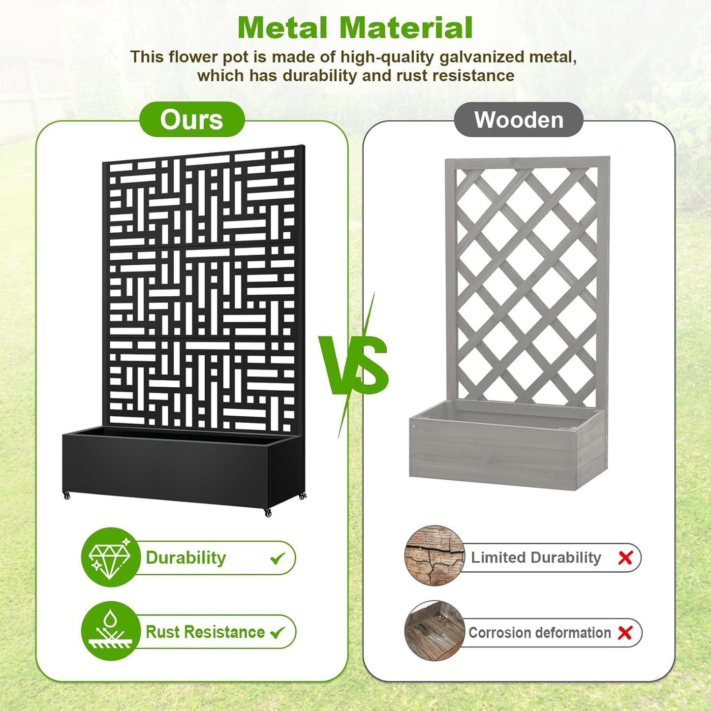Metal Planter Box with Trellis, 72"x47"x16" Metal Raised Garden Bed with Trellis, Trellis Planter Box with Drainage Holes & Lockable Casters for Climbing Plants, Vegetables, and Vines