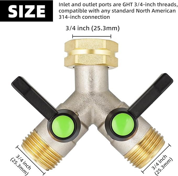 2 Way Hose Splitter, Brass High Flow Garden Hose Splitter Heavy Duty, Hose Connector, Water Spigot Splitter, Full Flow Faucet Splitter with shutoff, 3/4” GHT Inlet